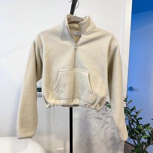 Aritzia TNA Polar Fleece 1/2 Zip Crop Sweatshirt Mullein Ivory White | XXS